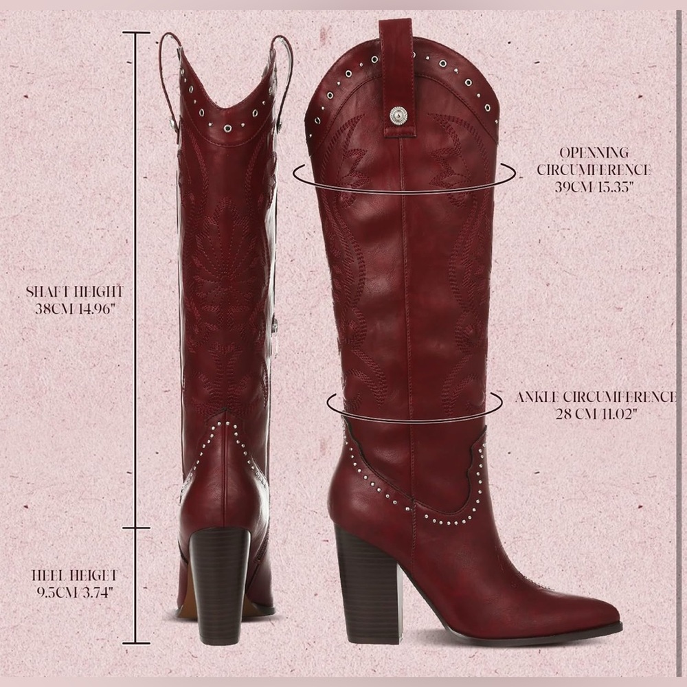 VOMIRA Knee High Cowboy Boots Pointed Toe Chunky Western Wide Calf Cowgirl Boots